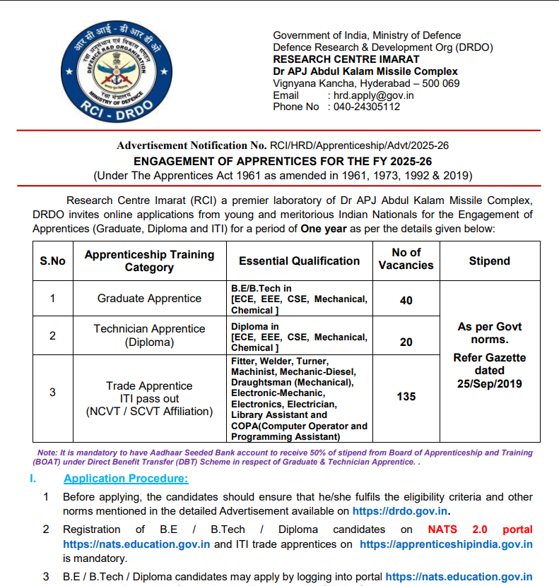 DRDO RCI Apprentice Recruitment 2025 official notification